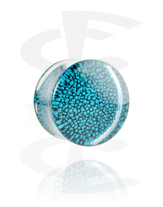 Tunely & plugy, Plug s rozšířenými konci (akryl transparentní) s bublinkami uvnitř v různých barvách, Akryl
