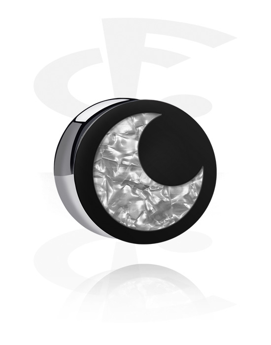 Tunely & plugy, Plug s rozšířenými konci (akryl, černá) s designem měsíc, Akryl