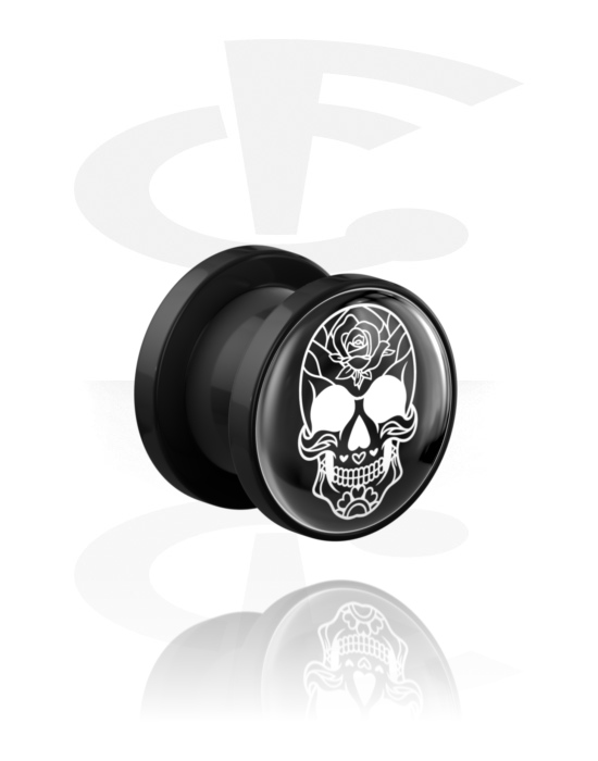 Tunnels & Plugs, Screw-on tunnel (acrylic, black) with sugar skull "Dia de Los Muertos" design in various colours, Acrylic