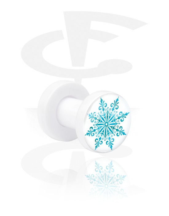 Tunnels & Plugs, White Tunnel with winter snowflake design, Acrylic