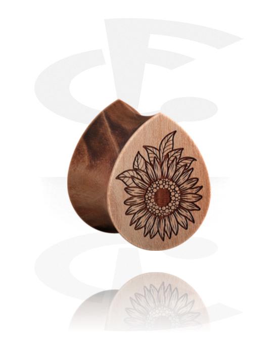 Tunnel & Plugs, Tropfenförmiger Double Flared Plug (Holz) mit Laserdesign "Sonnenblume", Holz