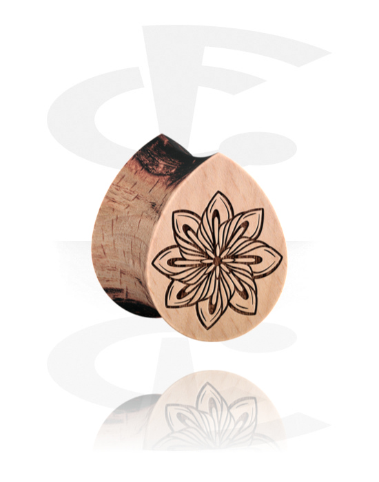 Tunnels & Plugs, Plug double flared en forme de larme (bois) avec gravure laser "fleur", Bois