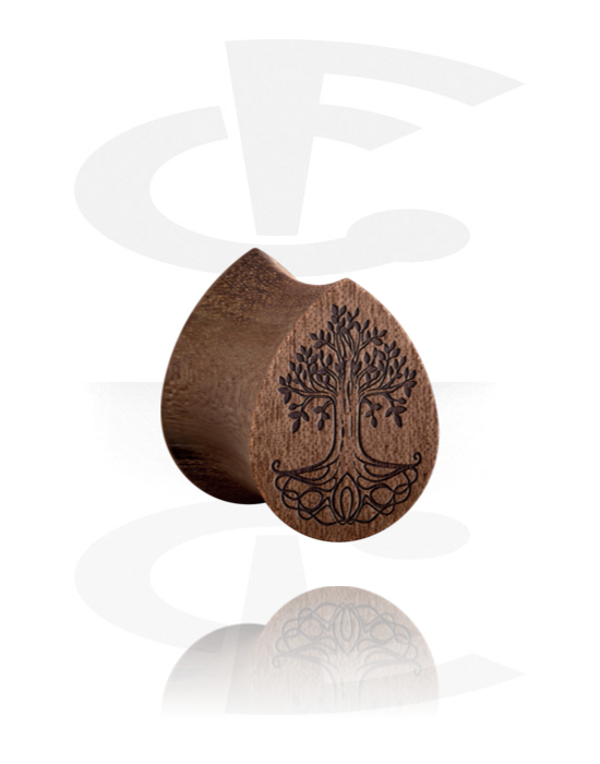 Alagutak és dugók, Tear-shaped double flared plug (wood) val vel laser engraving "tree", Fa