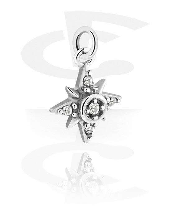 Balls, Pins & More, Charm (surgical steel, silver, shiny finish) with star design and crystal stones, Surgical Steel 316L