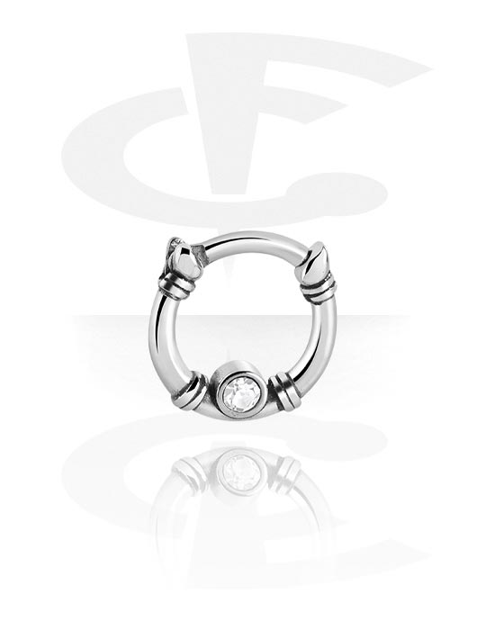 Anéis piercing, Multi-purpose clicker (aço cirúrgico, prata, acabamento brilhante) com pedra de cristal, Aço cirúrgico 316L