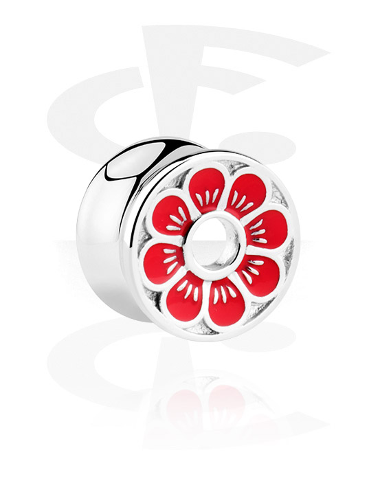 Tunnels & Plugs, Double flared tunnel (surgical steel, silver, shiny finish) with flower design, Surgical Steel 316L