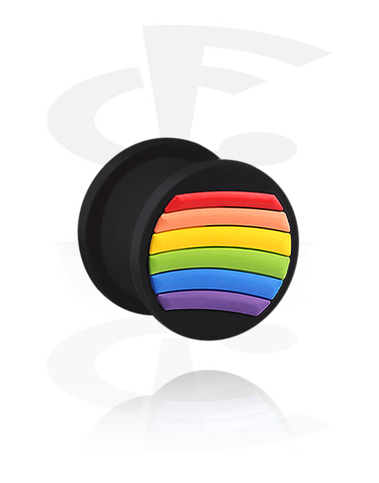Tunnels & Plugs, Ribbed plug (silicone, black) with rainbow design, Silicone